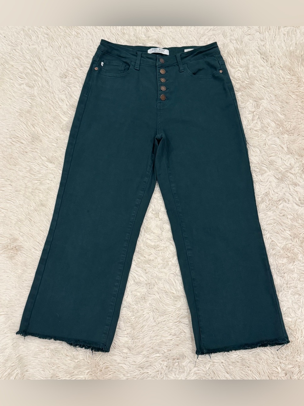 Judy Blue Wide Leg Crop High Rise Jeans Women’s 9/29 Teal Stretch Raw Hem Boho